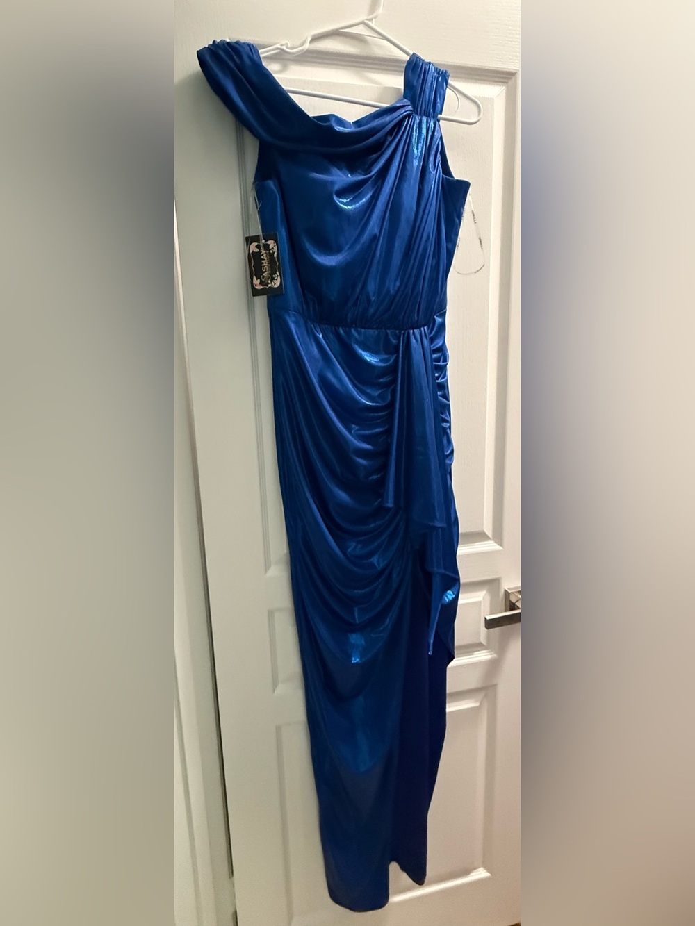 Metallic Royal Blue Draped Evening Gown NWT